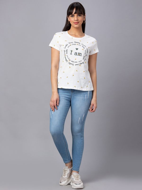 Globus Women Off White Printed Round Neck Casual Regular Fit Tshirt