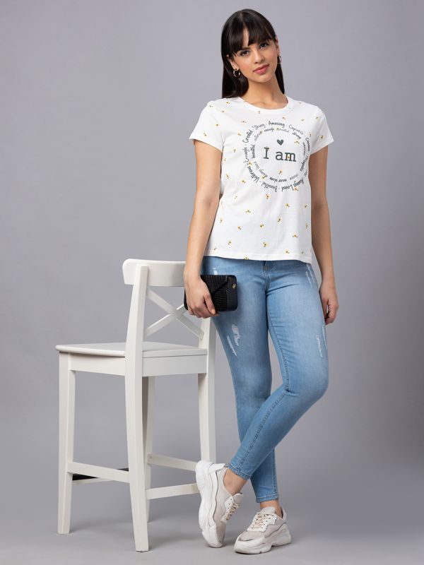 Globus Women Off White Printed Round Neck Casual Regular Fit Tshirt