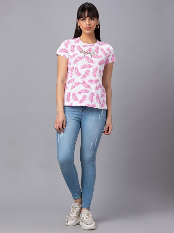 Globus Women Pink Printed Round Neck Casual Regular Fit Tshirt