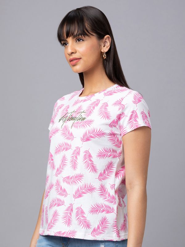 Globus Women Pink Printed Round Neck Casual Regular Fit Tshirt