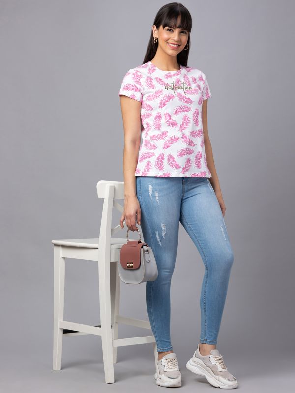 Globus Women Pink Printed Round Neck Casual Regular Fit Tshirt