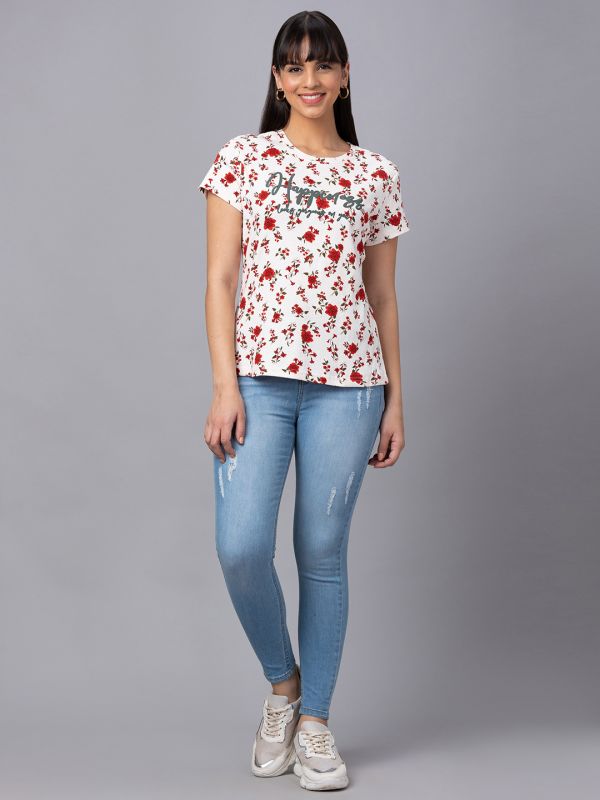 Globus Women Red Printed Round Neck Casual Regular Fit Tshirt