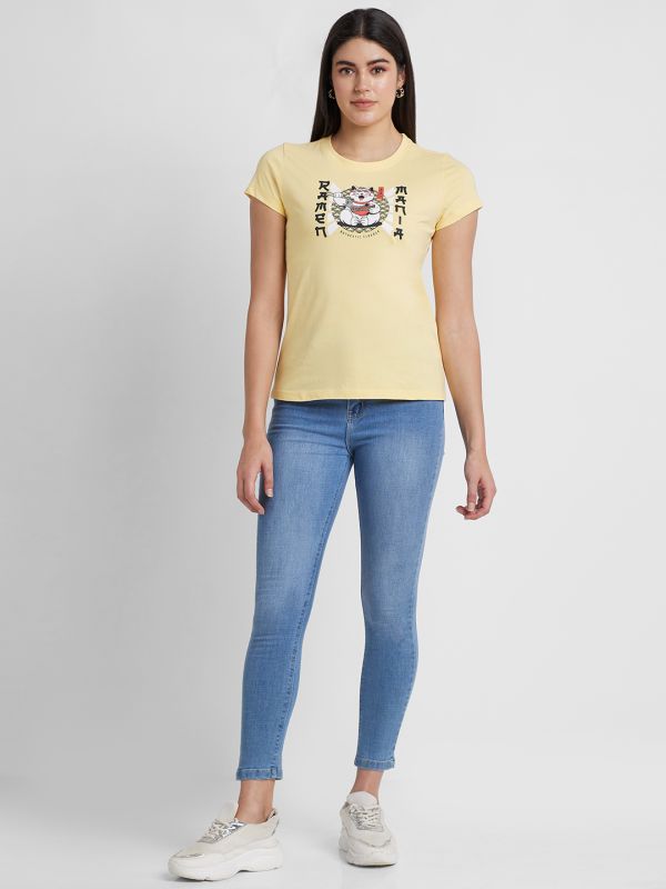 Globus Women Yellow Printed Cotton Regular Fit Casual T-shirt