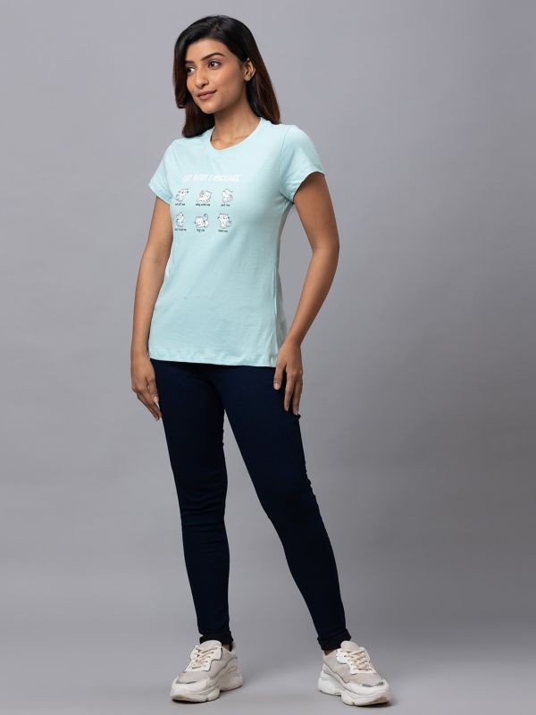 Globus Women Blue Printed Round Neck Casual Regular Fit Tshirt