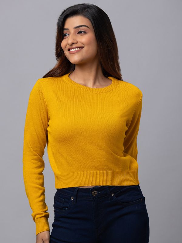 Globus Women Mustard Solid Pullover Sweater