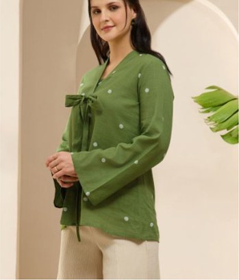 Globus Women Green V-Neck Bell Sleeves Tie-Up Top
